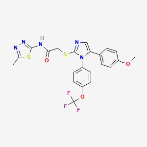 molecular formula C22H18F3N5O3S2 B2927234 2-((5-(4-甲氧基苯基)-1-(4-(三氟甲氧基)苯基)-1H-咪唑-2-基)硫代)-N-(5-甲基-1,3,4-噻二唑-2-基)乙酰胺 CAS No. 1226454-95-0