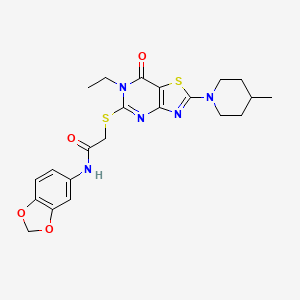 molecular formula C22H25N5O4S2 B2927259 N~1~-(1,3-benzodioxol-5-yl)-2-{[6-ethyl-2-(4-methylpiperidino)-7-oxo-6,7-dihydro[1,3]thiazolo[4,5-d]pyrimidin-5-yl]sulfanyl}acetamide CAS No. 1207015-53-9
