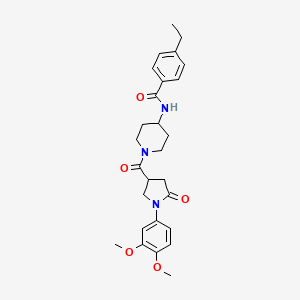 molecular formula C27H33N3O5 B2927273 N-(1-{[1-(3,4-dimethoxyphenyl)-5-oxopyrrolidin-3-yl]carbonyl}piperidin-4-yl)-4-ethylbenzamide CAS No. 1291837-10-9