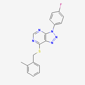 molecular formula C18H14FN5S B2927412 3-(4-Fluorophenyl)-7-[(2-methylphenyl)methylsulfanyl]triazolo[4,5-d]pyrimidine CAS No. 863460-43-9