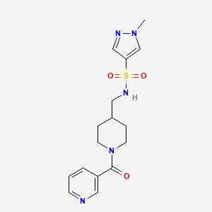 molecular formula C16H21N5O3S B2927415 1-methyl-N-((1-nicotinoylpiperidin-4-yl)methyl)-1H-pyrazole-4-sulfonamide CAS No. 1797802-31-3