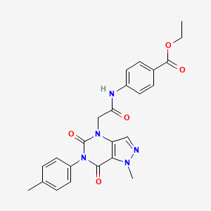 molecular formula C24H23N5O5 B2927469 ethyl 4-(2-(1-methyl-5,7-dioxo-6-(p-tolyl)-6,7-dihydro-1H-pyrazolo[4,3-d]pyrimidin-4(5H)-yl)acetamido)benzoate CAS No. 892306-08-0