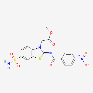 molecular formula C17H14N4O7S2 B2927569 (Z)-methyl 2-(2-((4-nitrobenzoyl)imino)-6-sulfamoylbenzo[d]thiazol-3(2H)-yl)acetate CAS No. 865198-58-9