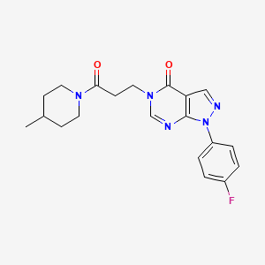 molecular formula C20H22FN5O2 B2927609 1-(4-fluorophenyl)-5-(3-(4-methylpiperidin-1-yl)-3-oxopropyl)-1H-pyrazolo[3,4-d]pyrimidin-4(5H)-one CAS No. 946235-02-5
