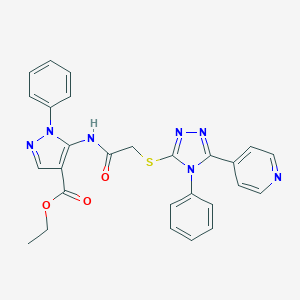 molecular formula C27H23N7O3S B292761 ethyl 1-phenyl-5-[({[4-phenyl-5-(4-pyridinyl)-4H-1,2,4-triazol-3-yl]sulfanyl}acetyl)amino]-1H-pyrazole-4-carboxylate 