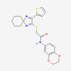 molecular formula C22H23N3O3S2 B2927657 N-(2,3-dihydrobenzo[b][1,4]dioxin-6-yl)-2-((3-(thiophen-2-yl)-1,4-diazaspiro[4.5]deca-1,3-dien-2-yl)thio)acetamide CAS No. 1223944-95-3