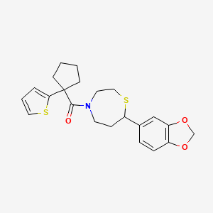 molecular formula C22H25NO3S2 B2927669 (7-(Benzo[d][1,3]dioxol-5-yl)-1,4-thiazepan-4-yl)(1-(thiophen-2-yl)cyclopentyl)methanone CAS No. 1705881-78-2