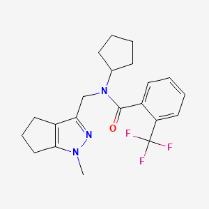 molecular formula C21H24F3N3O B2927682 N-cyclopentyl-N-((1-methyl-1,4,5,6-tetrahydrocyclopenta[c]pyrazol-3-yl)methyl)-2-(trifluoromethyl)benzamide CAS No. 2034256-39-6