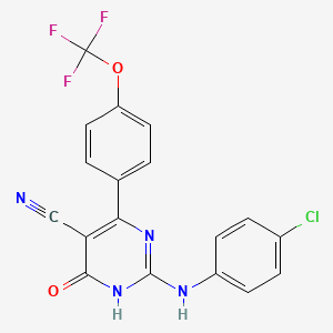 molecular formula C18H10ClF3N4O2 B2927695 2-[(4-Chlorophenyl)amino]-6-oxo-4-[4-(trifluoromethoxy)phenyl]-1,6-dihydropyrimidine-5-carbonitrile CAS No. 1347308-03-5