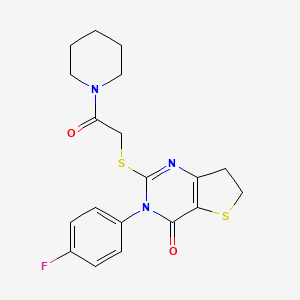 molecular formula C19H20FN3O2S2 B2927725 3-(4-fluorophenyl)-2-((2-oxo-2-(piperidin-1-yl)ethyl)thio)-6,7-dihydrothieno[3,2-d]pyrimidin-4(3H)-one CAS No. 362501-46-0