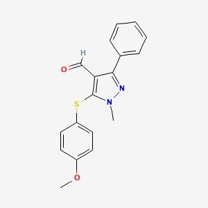 molecular formula C18H16N2O2S B2927746 5-[(4-methoxyphenyl)sulfanyl]-1-methyl-3-phenyl-1H-pyrazole-4-carbaldehyde CAS No. 321998-19-0