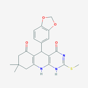 molecular formula C21H21N3O4S B292779 5-(1,3-benzodioxol-5-yl)-8,8-dimethyl-2-methylsulfanyl-5,7,9,10-tetrahydro-1H-pyrimido[4,5-b]quinoline-4,6-dione 