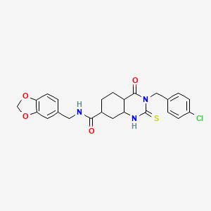 molecular formula C24H18ClN3O4S B2927832 N-[(2H-1,3-benzodioxol-5-yl)methyl]-3-[(4-chlorophenyl)methyl]-4-oxo-2-sulfanylidene-1,2,3,4-tetrahydroquinazoline-7-carboxamide CAS No. 422530-19-6