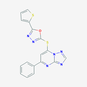 molecular formula C17H10N6OS2 B292784 5-Phenyl-7-{[5-(2-thienyl)-1,3,4-oxadiazol-2-yl]sulfanyl}[1,2,4]triazolo[1,5-a]pyrimidine 