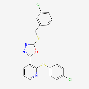 molecular formula C20H13Cl2N3OS2 B2927851 3-{5-[(3-Chlorobenzyl)sulfanyl]-1,3,4-oxadiazol-2-yl}-2-[(4-chlorophenyl)sulfanyl]pyridine CAS No. 866143-91-1