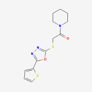 molecular formula C13H15N3O2S2 B2927868 1-Piperidin-1-yl-2-[(5-thiophen-2-yl-1,3,4-oxadiazol-2-yl)sulfanyl]ethanone CAS No. 459846-05-0