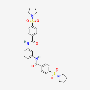 molecular formula C28H30N4O6S2 B2927983 4-(PYRROLIDINE-1-SULFONYL)-N-{3-[4-(PYRROLIDINE-1-SULFONYL)BENZAMIDO]PHENYL}BENZAMIDE CAS No. 391896-72-3