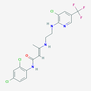 molecular formula C18H16Cl3F3N4O B2928025 (E)-3-[2-[[3-chloro-5-(trifluoromethyl)pyridin-2-yl]amino]ethylamino]-N-(2,4-dichlorophenyl)but-2-enamide CAS No. 338748-87-1