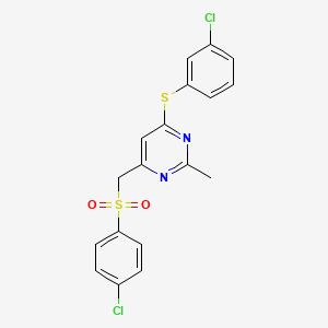 molecular formula C18H14Cl2N2O2S2 B2928028 4-((3-Chlorophenyl)sulfanyl)-6-(((4-chlorophenyl)sulfonyl)methyl)-2-methylpyrimidine CAS No. 338960-55-7