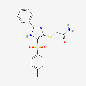 molecular formula C18H17N3O3S2 B2928042 2-((2-苯基-4-甲苯磺酰基-1H-咪唑-5-基)硫代)乙酰胺 CAS No. 931324-41-3