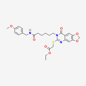 molecular formula C27H31N3O7S B2928193 2-[[7-[6-[(4-甲氧基苯基)甲基氨基]-6-氧代己基]-8-氧代-[1,3]二氧杂[4,5-g]喹唑啉-6-基]硫代]乙酸乙酯 CAS No. 688060-82-4