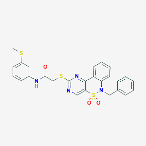 molecular formula C26H22N4O3S3 B2928245 2-[(6-苄基-5,5-二氧化-6H-嘧啶并[5,4-c][2,1]苯并噻嗪-2-基)硫代]-N-[3-(甲硫基)苯基]乙酰胺 CAS No. 932313-59-2