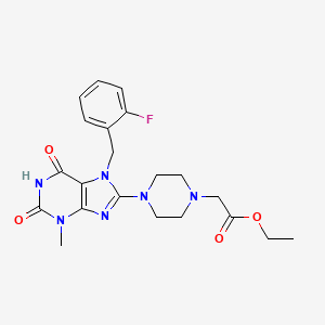 molecular formula C21H25FN6O4 B2928276 ethyl 2-(4-(7-(2-fluorobenzyl)-3-methyl-2,6-dioxo-2,3,6,7-tetrahydro-1H-purin-8-yl)piperazin-1-yl)acetate CAS No. 898463-84-8