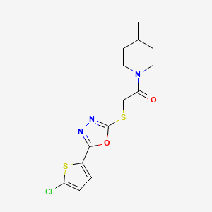 molecular formula C14H16ClN3O2S2 B2928305 2-[[5-(5-Chlorothiophen-2-yl)-1,3,4-oxadiazol-2-yl]sulfanyl]-1-(4-methylpiperidin-1-yl)ethanone CAS No. 688749-57-7