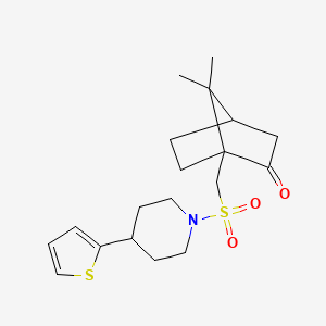 molecular formula C19H27NO3S2 B2928317 7,7-二甲基-1-(((4-(噻吩-2-基)哌啶-1-基)磺酰基)甲基)双环[2.2.1]庚烷-2-酮 CAS No. 1797967-17-9