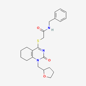 molecular formula C22H27N3O3S B2928319 N-benzyl-2-((2-oxo-1-((tetrahydrofuran-2-yl)methyl)-1,2,5,6,7,8-hexahydroquinazolin-4-yl)thio)acetamide CAS No. 899993-53-4