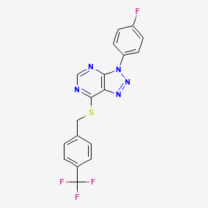 molecular formula C18H11F4N5S B2928405 3-(4-Fluorophenyl)-7-[[4-(trifluoromethyl)phenyl]methylsulfanyl]triazolo[4,5-d]pyrimidine CAS No. 863460-50-8