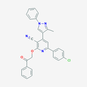molecular formula C30H21ClN4O2 B292843 6-(4-chlorophenyl)-4-(3-methyl-1-phenyl-1H-pyrazol-4-yl)-2-(2-oxo-2-phenylethoxy)nicotinonitrile 