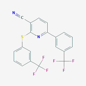 molecular formula C20H10F6N2S B2928500 6-[3-(Trifluoromethyl)phenyl]-2-{[3-(trifluoromethyl)phenyl]sulfanyl}nicotinonitrile CAS No. 252060-04-1