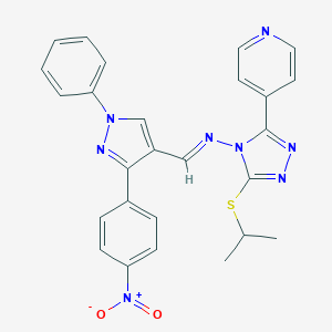 molecular formula C26H22N8O2S B292853 4-[4-{[(3-{4-nitrophenyl}-1-phenyl-1H-pyrazol-4-yl)methylene]amino}-5-(isopropylsulfanyl)-4H-1,2,4-triazol-3-yl]pyridine 
