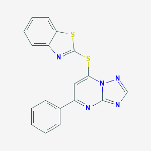 molecular formula C18H11N5S2 B292854 7-(1,3-Benzothiazol-2-ylsulfanyl)-5-phenyl[1,2,4]triazolo[1,5-a]pyrimidine 
