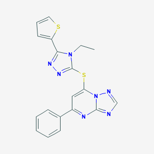 molecular formula C19H15N7S2 B292855 7-{[4-ethyl-5-(2-thienyl)-4H-1,2,4-triazol-3-yl]sulfanyl}-5-phenyl[1,2,4]triazolo[1,5-a]pyrimidine 