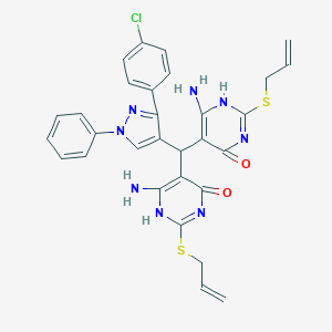 molecular formula C30H27ClN8O2S2 B292856 6-amino-5-[(6-amino-4-oxo-2-prop-2-enylsulfanyl-1H-pyrimidin-5-yl)-[3-(4-chlorophenyl)-1-phenylpyrazol-4-yl]methyl]-2-prop-2-enylsulfanyl-1H-pyrimidin-4-one 