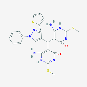 molecular formula C24H22N8O2S3 B292858 6-amino-5-[(6-amino-2-methylsulfanyl-4-oxo-1H-pyrimidin-5-yl)-(1-phenyl-3-thiophen-2-ylpyrazol-4-yl)methyl]-2-methylsulfanyl-1H-pyrimidin-4-one 