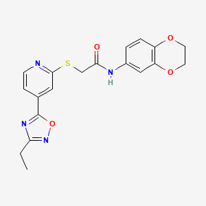 molecular formula C19H18N4O4S B2928618 N-(2,3-dihydrobenzo[b][1,4]dioxin-6-yl)-2-((4-(3-ethyl-1,2,4-oxadiazol-5-yl)pyridin-2-yl)thio)acetamide CAS No. 1251680-32-6
