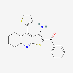 molecular formula C22H18N2OS2 B2928628 (3-Amino-4-(thiophen-2-yl)-5,6,7,8-tetrahydrothieno[2,3-b]quinolin-2-yl)(phenyl)methanone CAS No. 370844-48-7