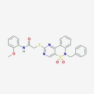 molecular formula C26H22N4O4S2 B2928642 2-((6-benzyl-5,5-dioxido-6H-benzo[c]pyrimido[4,5-e][1,2]thiazin-2-yl)thio)-N-(2-methoxyphenyl)acetamide CAS No. 932448-42-5