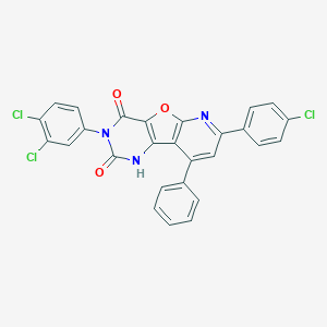 molecular formula C27H14Cl3N3O3 B292882 11-(4-Chlorophenyl)-5-(3,4-dichlorophenyl)-13-phenyl-8-oxa-3,5,10-triazatricyclo[7.4.0.02,7]trideca-1(9),2(7),10,12-tetraene-4,6-dione 