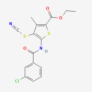 molecular formula C16H13ClN2O3S2 B2928832 Ethyl 5-(3-chlorobenzamido)-3-methyl-4-thiocyanatothiophene-2-carboxylate CAS No. 681156-61-6