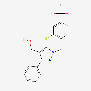 molecular formula C18H15F3N2OS B2928835 (1-Methyl-3-phenyl-5-{[3-(trifluoromethyl)phenyl]sulfanyl}-1H-pyrazol-4-YL)methanol CAS No. 318247-69-7
