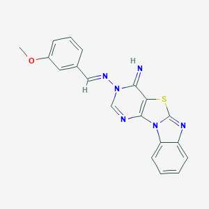 molecular formula C19H14N6OS B292888 5-[(E)-(3-methoxyphenyl)methylideneamino]-8-thia-1,3,5,10-tetrazatetracyclo[7.7.0.02,7.011,16]hexadeca-2(7),3,9,11,13,15-hexaen-6-imine 