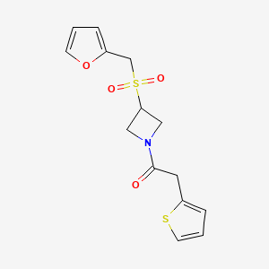molecular formula C14H15NO4S2 B2928942 1-(3-((Furan-2-ylmethyl)sulfonyl)azetidin-1-yl)-2-(thiophen-2-yl)ethanone CAS No. 1797317-08-8