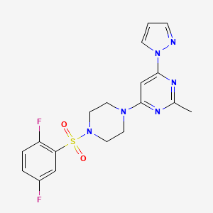 molecular formula C18H18F2N6O2S B2928948 4-(4-((2,5-difluorophenyl)sulfonyl)piperazin-1-yl)-2-methyl-6-(1H-pyrazol-1-yl)pyrimidine CAS No. 1171090-96-2