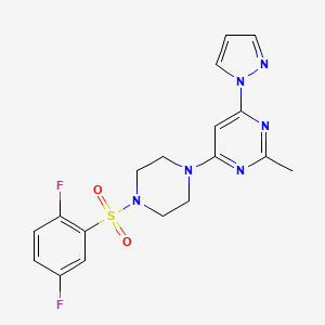 molecular formula C18H18F2N6O2S B2928948 4-(4-((2,5-二氟苯基)磺酰基)哌嗪-1-基)-2-甲基-6-(1H-吡唑-1-基)嘧啶 CAS No. 1171090-96-2