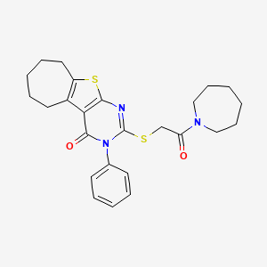 molecular formula C25H29N3O2S2 B2928968 2-((2-(azepan-1-yl)-2-oxoethyl)thio)-3-phenyl-6,7,8,9-tetrahydro-3H-cyclohepta[4,5]thieno[2,3-d]pyrimidin-4(5H)-one CAS No. 670273-26-4