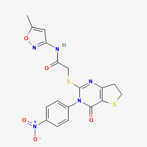 molecular formula C18H15N5O5S2 B2928982 N-(5-methyl-1,2-oxazol-3-yl)-2-[[3-(4-nitrophenyl)-4-oxo-6,7-dihydrothieno[3,2-d]pyrimidin-2-yl]sulfanyl]acetamide CAS No. 687568-64-5